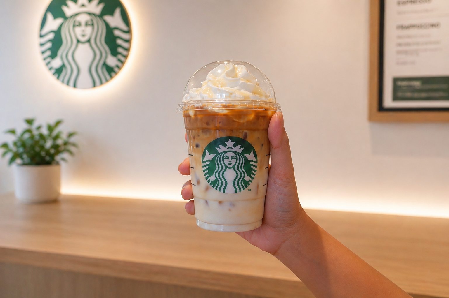 A customer being handed a Starbucks coffee at a drive-thru window