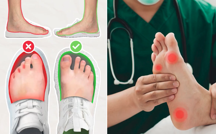 Comparison showing how barefoot shoes give toes room to spread naturally, with a podiatrist examining a foot with pain points